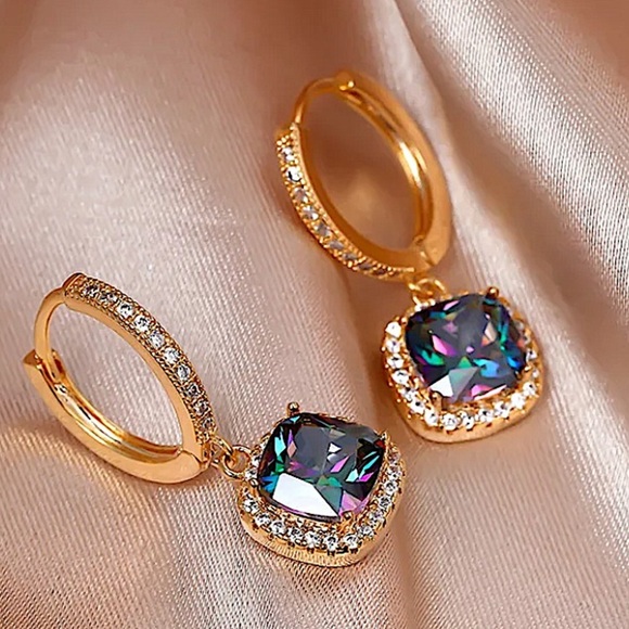 Gold Princess Cut Mystic Rainbow Multicolor Stone Earrings - Picture 3 of 4